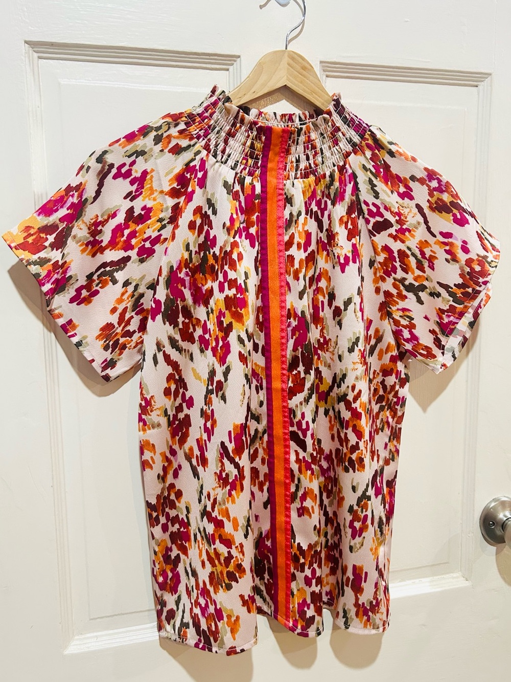 THML Floral Smocked Mandarin Collar Puff Sleeve Boho Top Sporty Stripe Size XS